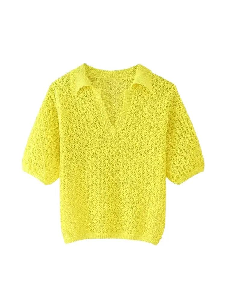 TRZA Women Fashion Pointelle Knit Loose Sweater Polo Collar Short