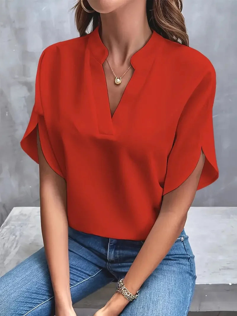 Summer Elegant Women's Blouse New V-neck Short Sleeve Solid Color