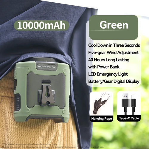 10000mAh Outdoor Portable Waist Fan Hanging Neck Fan Strong Wind with