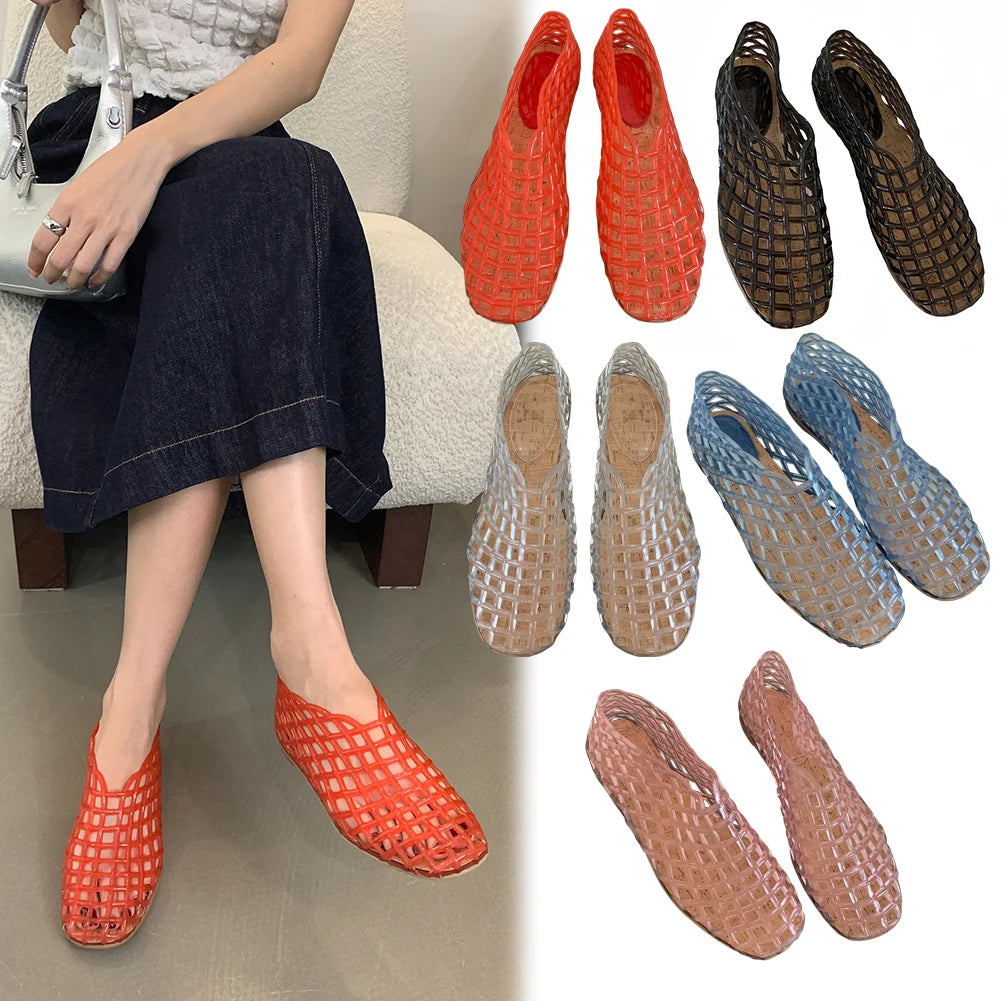 Women Jelly Flats Mesh Ballet Flats Square Toe Hollow Out Ballet Flats