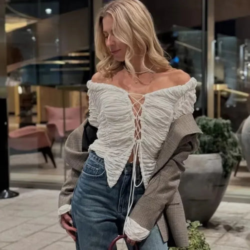 Tuularose White V Neck Lace Up Top Women's Sexy Hollow Solid Cardigan