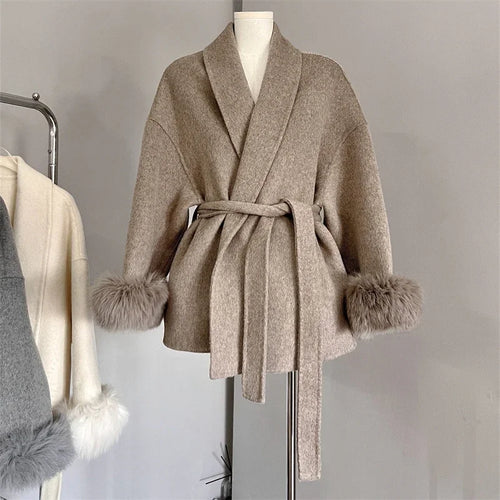 TARUXY Fox Fur Woolen Coats Women's Short Coat Office Lady Removable