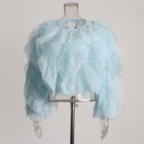 TWOTWINSTYLE Ruffles Shirts For Women O Neck Lantern Sleeve Loose