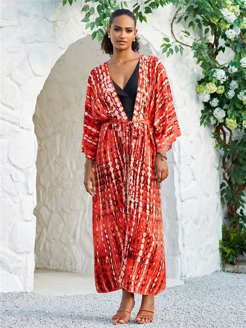 Long Kimono Swimsuit Cover up for Women Stylish Tie Dye Open Front