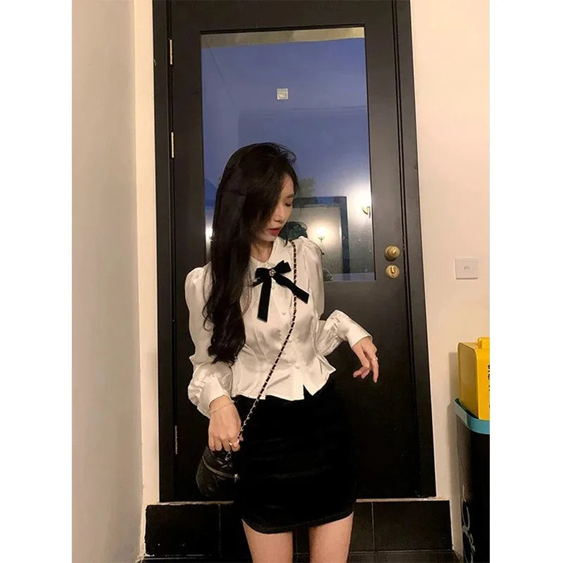 White Bow Shirts Women Sweet Preppy Kawaii Lace Patchwork Blouses