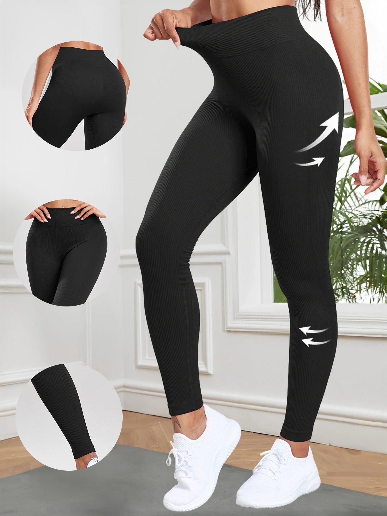 Women Seamless Ribbed Leggings High Waist Butt Lifting Workout Tights