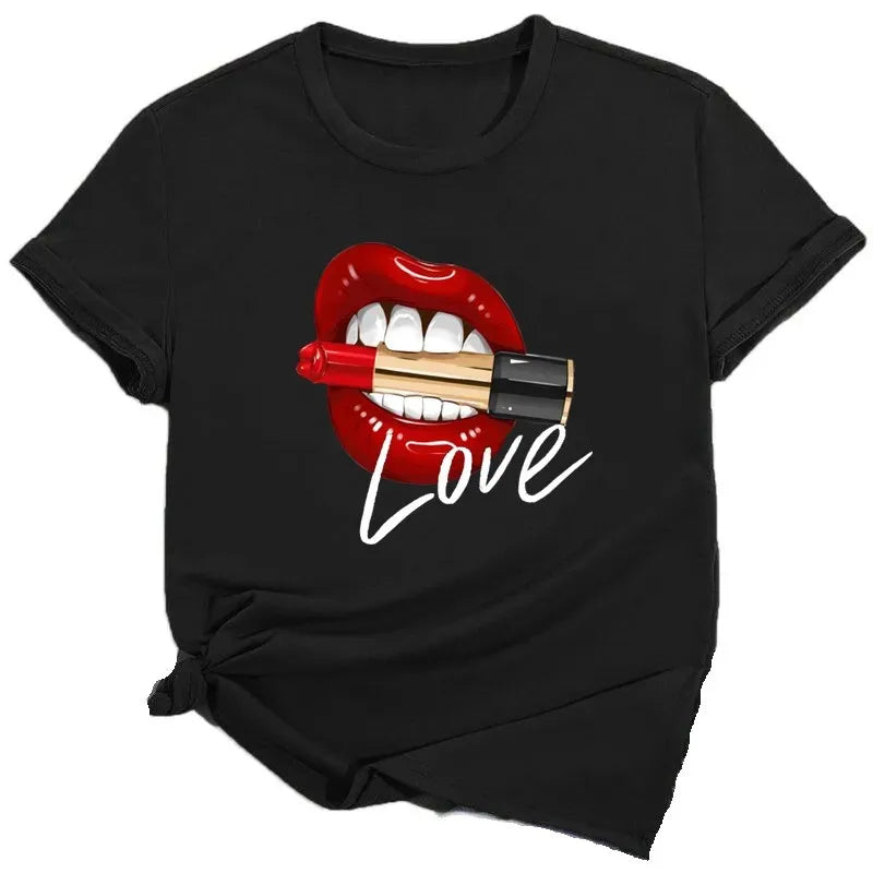 Women Tops O-neck Sexy Black Tees Kiss Lip Funny Summer Female Soft T