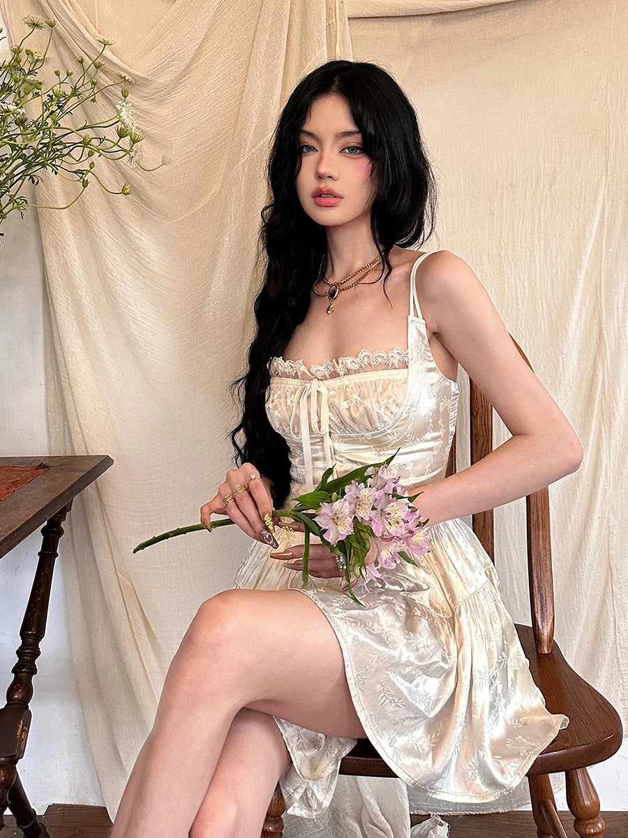 REDDACHiC Medieval Retro Satin Mini Dress Women Stitch Lace Trim