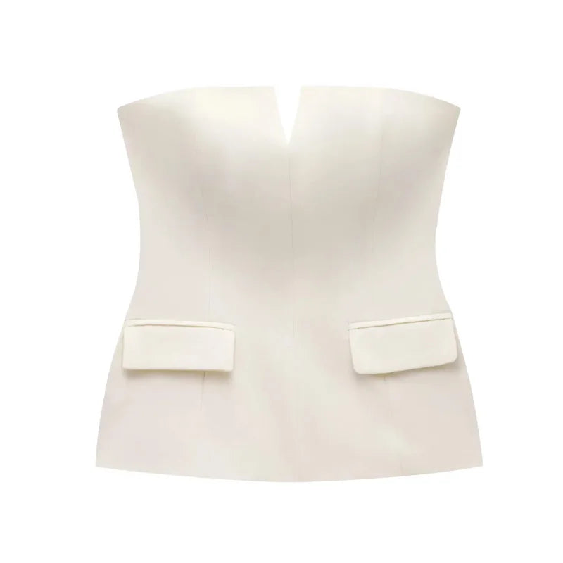 TRAF Tops For Women Strapless Off White Crop Top Woman Summer Corset