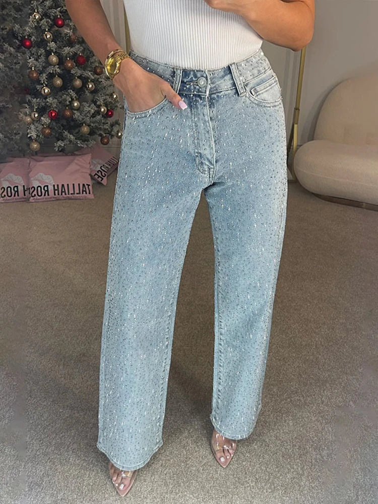 Y2k Women Shiny Rhinestone Denim Pants Wide Leg Straight Full Diamond
