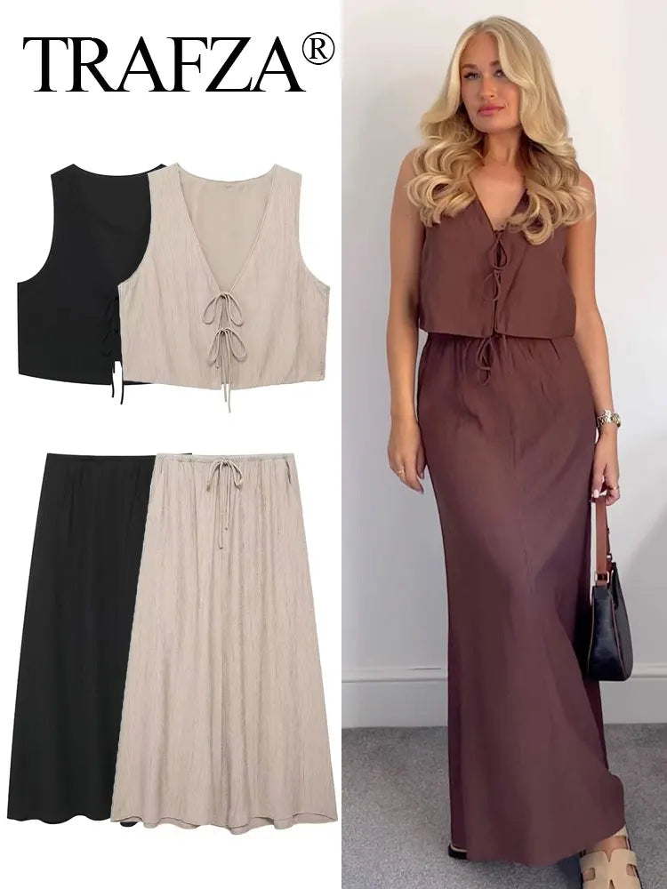 TRAFZA Women Fashion Vintage Solid Skirt Suit Bow Lace-up Tank Tops V