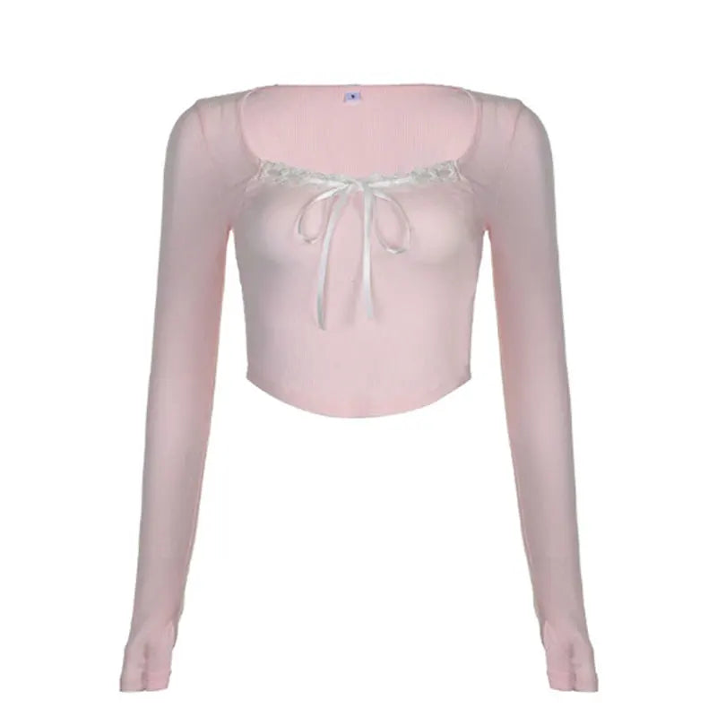 Mooyu Cute Bandage Bow Cropped Top Pink Sweet Coquette Sweet T Shirts