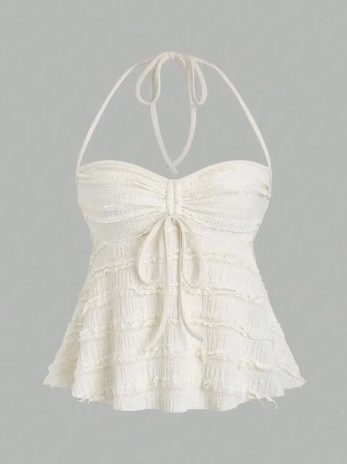 Women's Summer Fashion Casual Apricot Drawstring Neck Knitted Lace