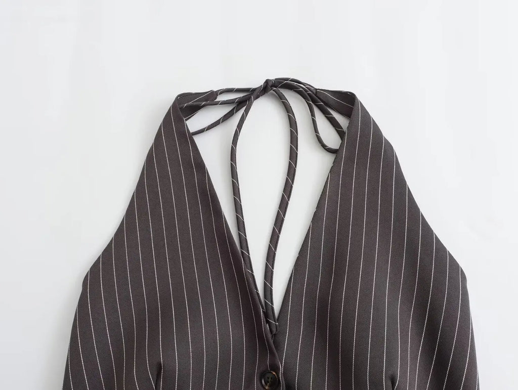 New Women Sexy Backless Bow Tied Striped Print Short Blouse Female