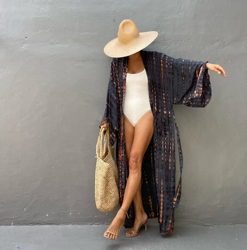 Long Kimono Swimsuit Cover up for Women Stylish Tie Dye Open Front
