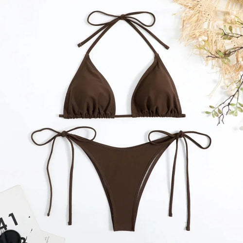 Sexy Women Thong Solid Color Bikini Set Side Halter Tie Swimsuit