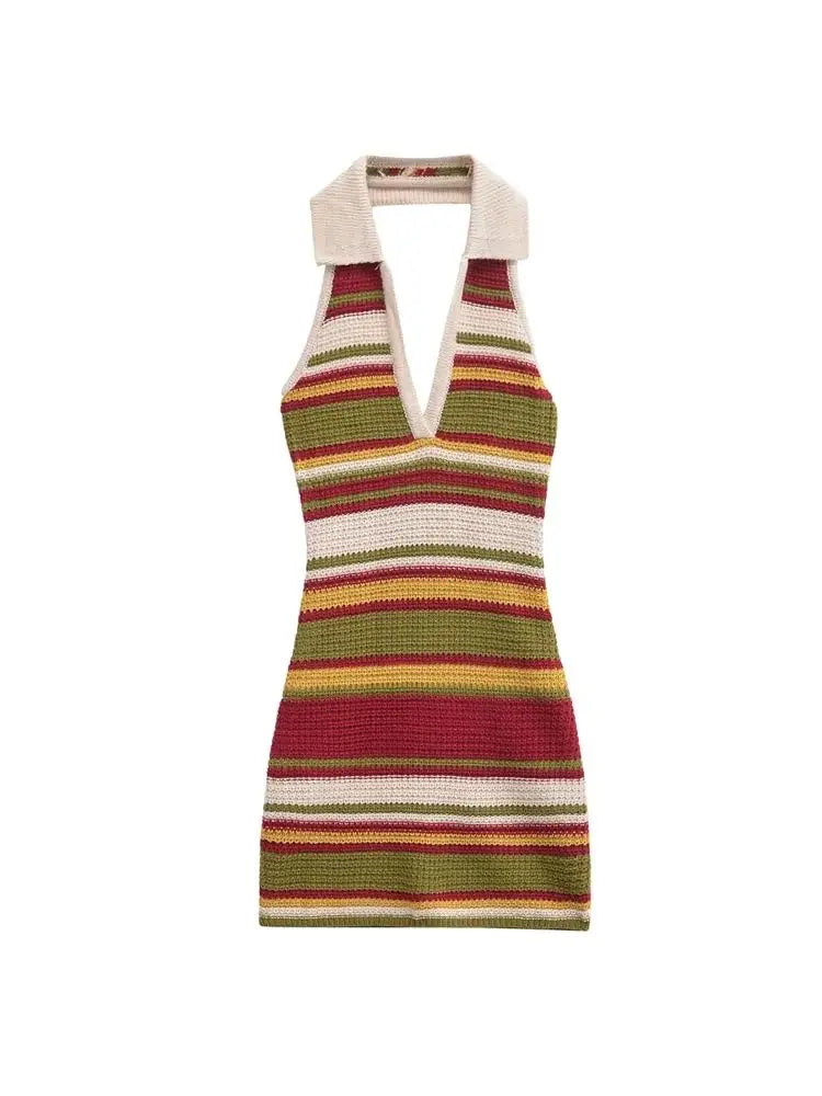 TRZA-Women's Striped Crochet Knit Mini Dress, Backless, Halter Neck,
