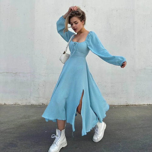 Lace-up Square Collar Sexy Dress Women Autumn Lantern Sleeve Solid