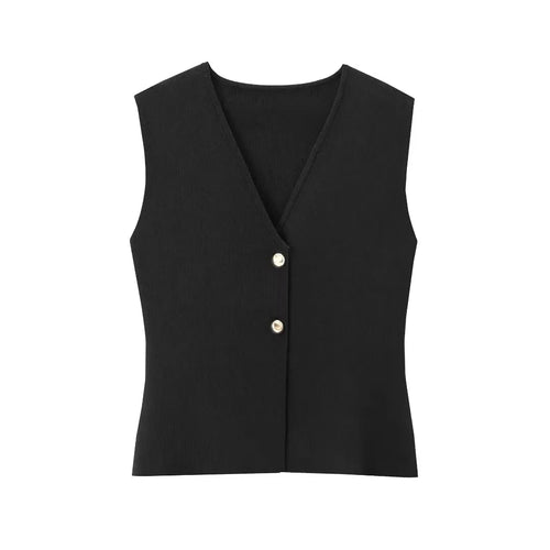 TRAFZA Women 2 Piece Set Chic V-Neck Sleeveless Button Knitted Vest