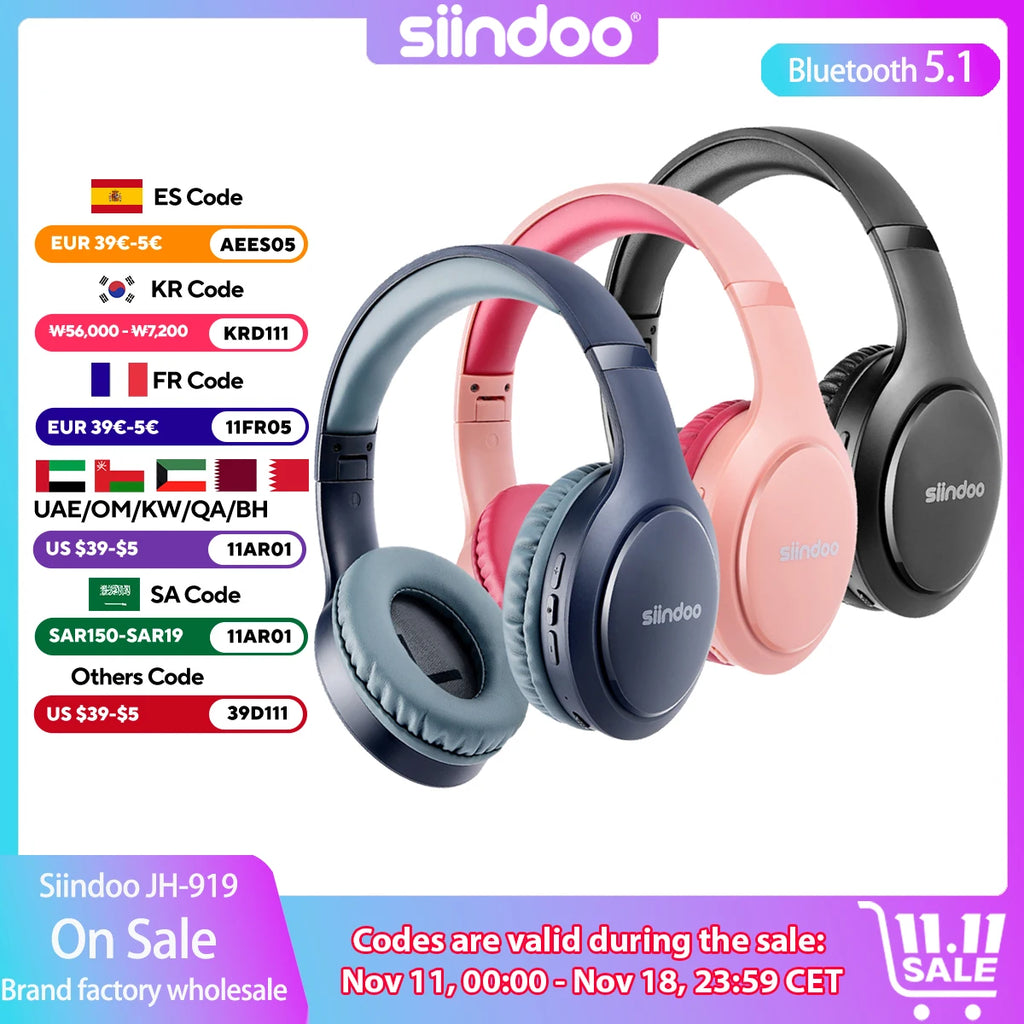 Siindoo Wireless Bluetooth Headphones 3 Colors Foldable Stereo