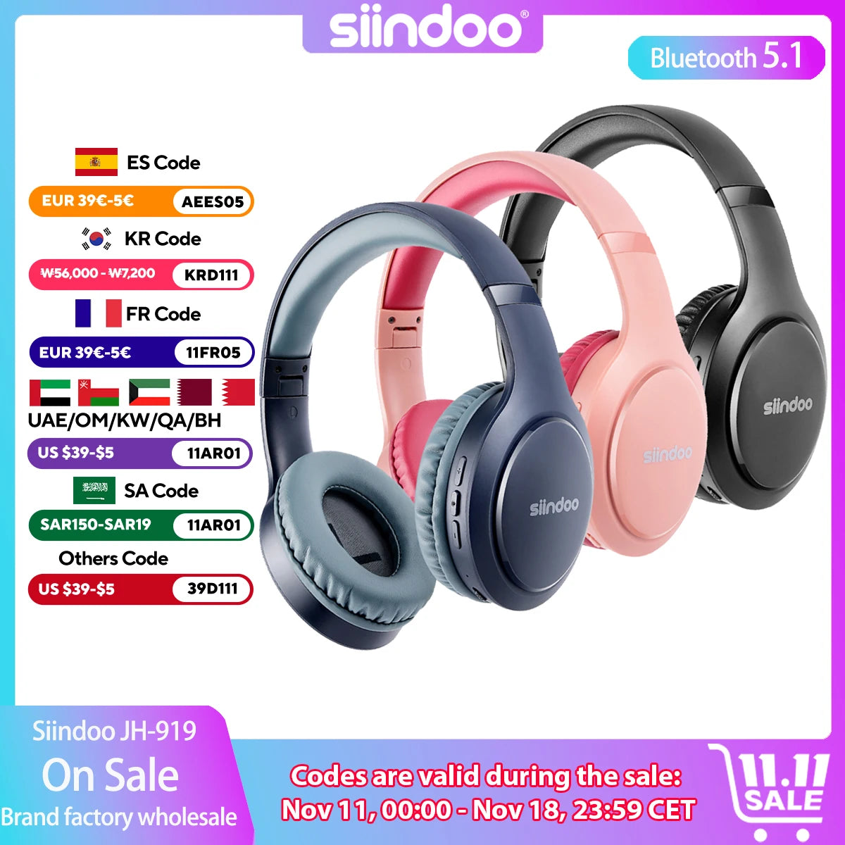 Siindoo Wireless Bluetooth Headphones 3 Colors Foldable Stereo