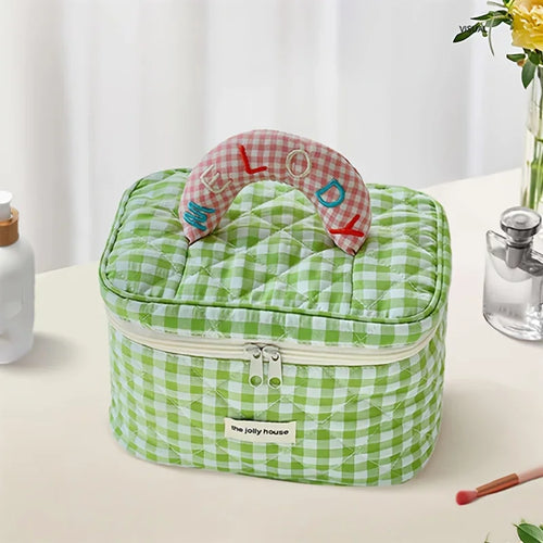 1pc cute color contrast check delicate bucket makeup bag for ladies