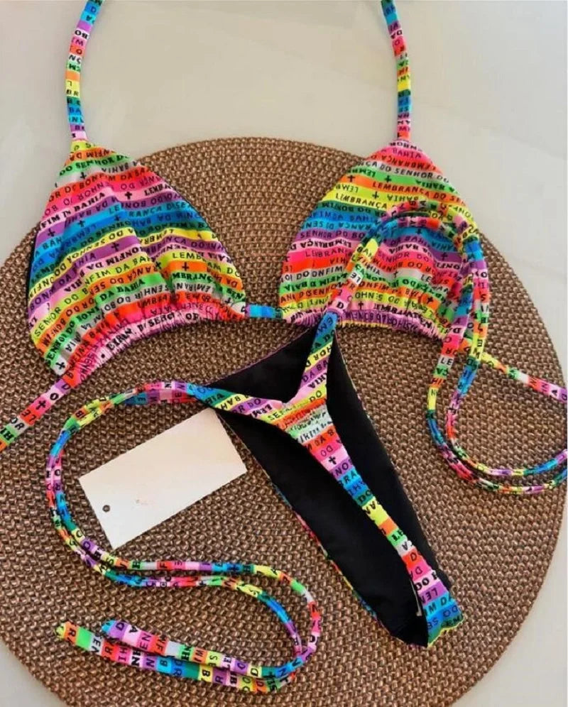 RUOTONSEPT Letters Printed Colorful Mini Thong Bikini Women Swimwear