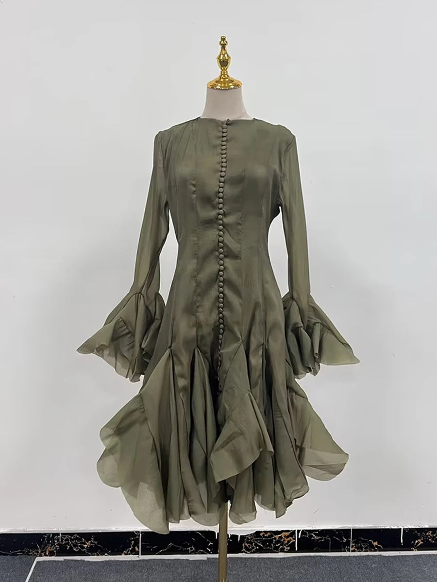 TWOTWINSTYLE Solid Spliced Button Slimming Dresses For Women O Neck