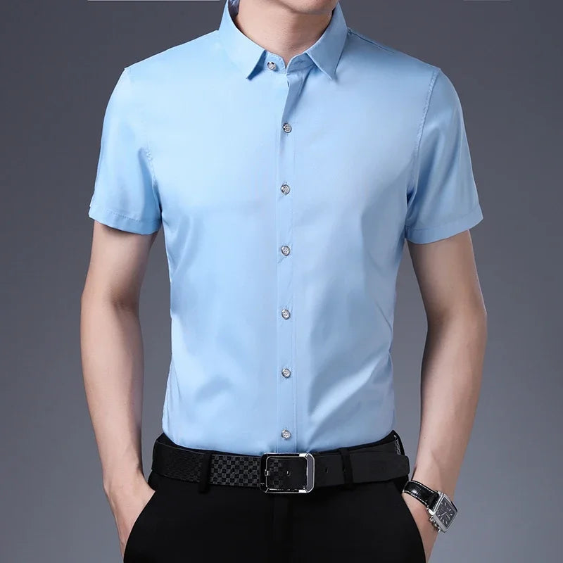 Men's Business Casual Solid Color Short Sleeved Shirt Non Ironing