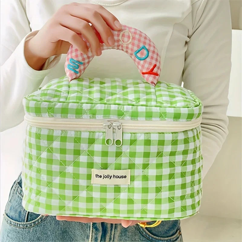 1pc cute color contrast check delicate bucket makeup bag for ladies