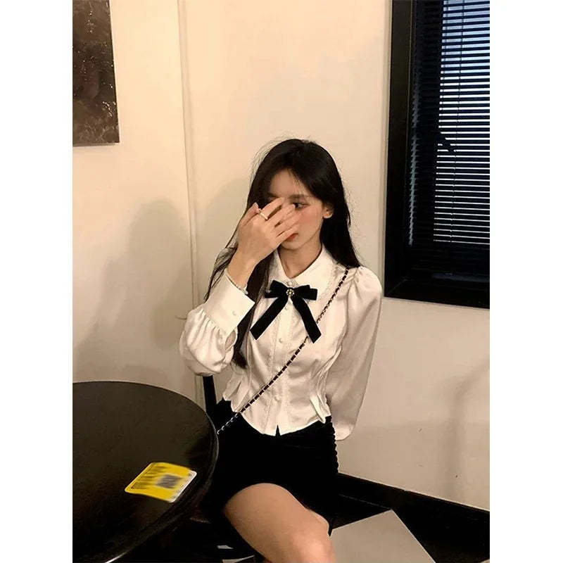 White Bow Shirts Women Sweet Preppy Kawaii Lace Patchwork Blouses