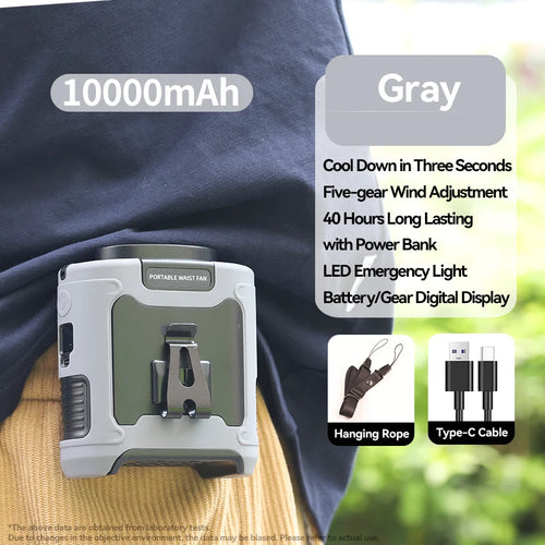 10000mAh Outdoor Portable Waist Fan Hanging Neck Fan Strong Wind with
