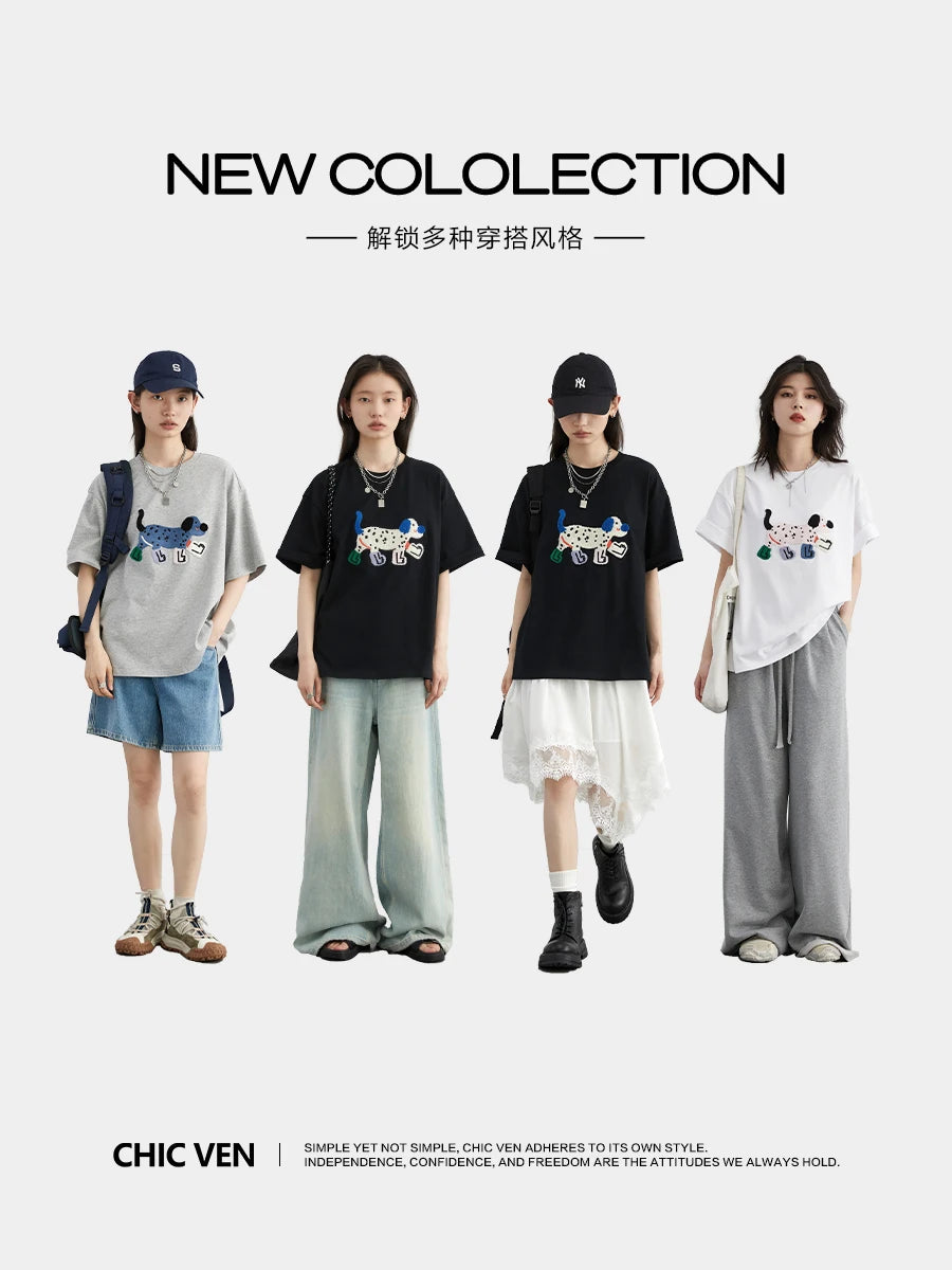 CHIC VEN Women T-Shirts Loose Streetwear Unisex Fun Dog Embroidered