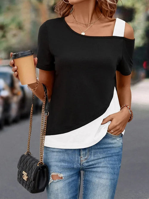 Chic Color Blocking Short Sleeved Women Solid Color Off Shoulder