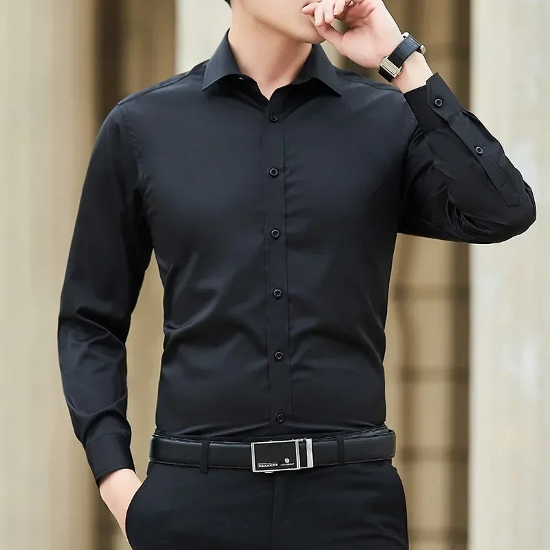 New Plus Size 8XL Men Solid Color Business Shirt Long Sleeve Shirt