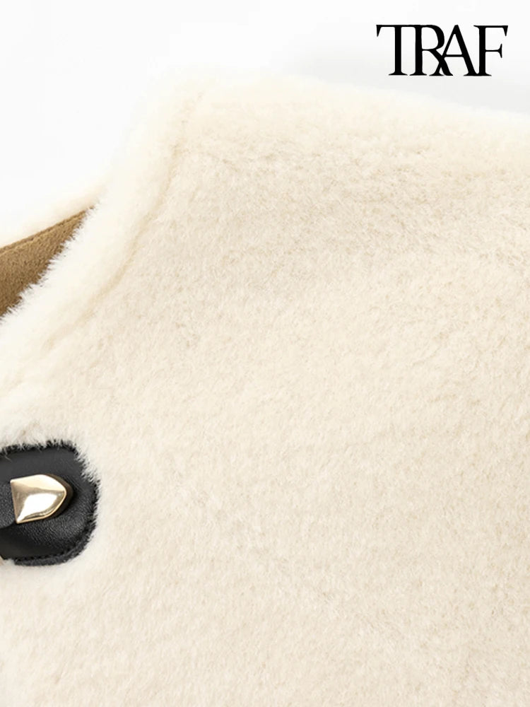 TRAF-Thick Warm Faux Fur Jacket for Women, Long Sleeve Coat, Front