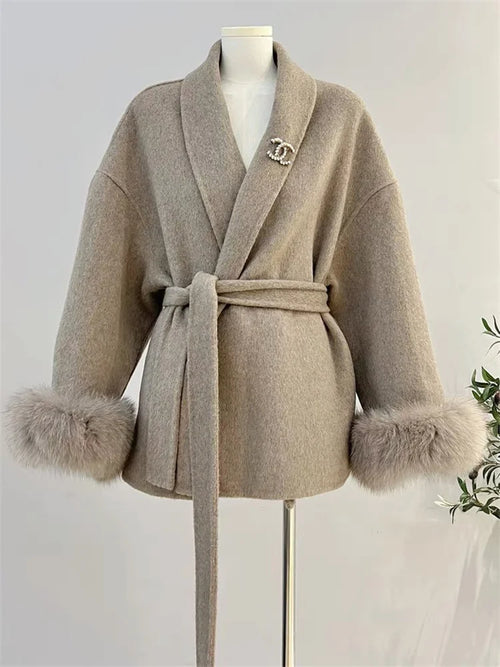 Tossy Fox Fur Wool Overcoat Women's Short Coat Office Lady Elegant