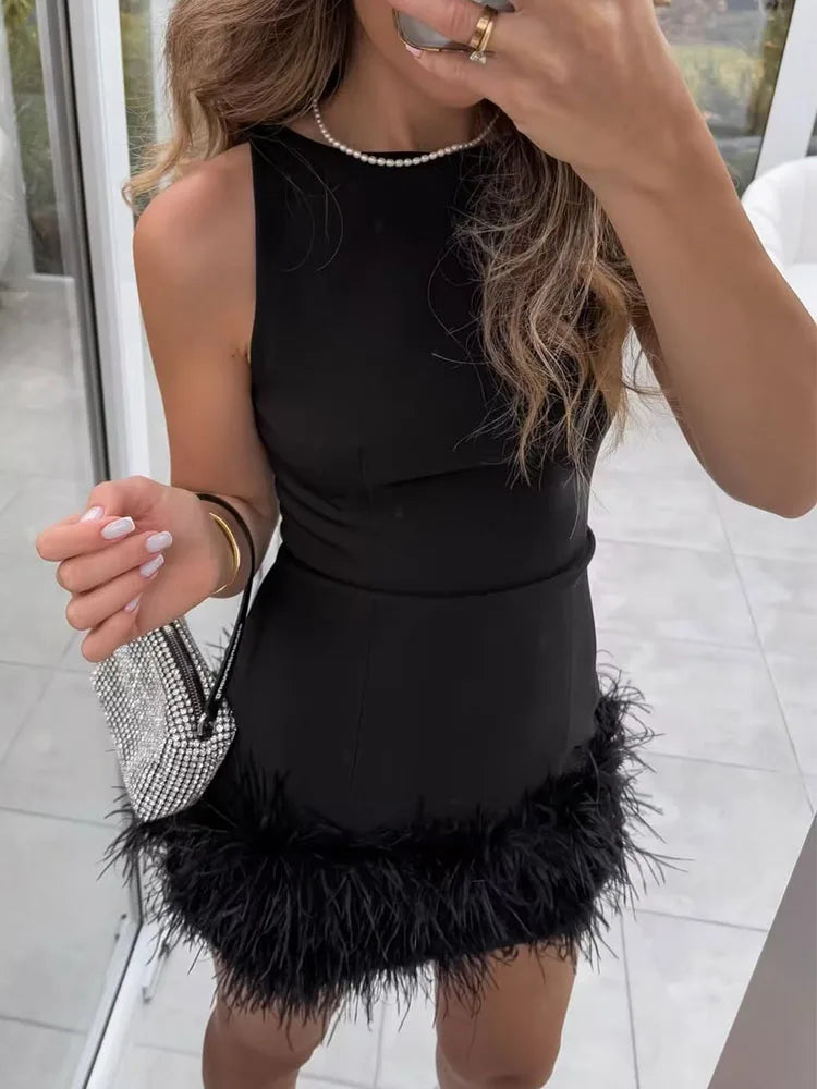 TFMLN 2024 New Elegant Women Feathers Mini Dresses Sexy Slim