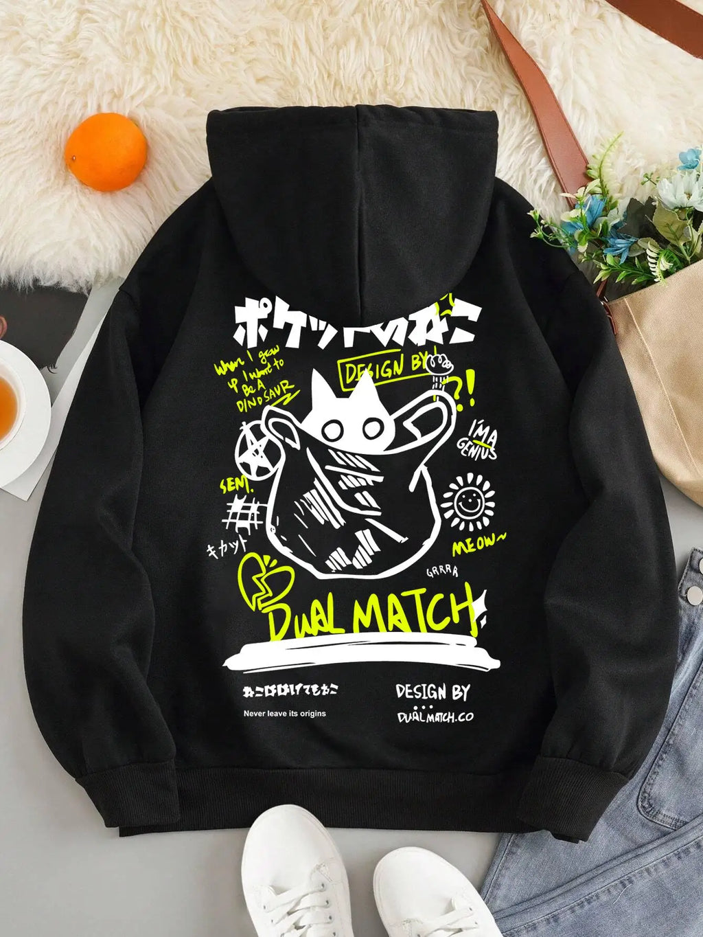 Cute Cat Cartoon Printed Sweatshirt Women Harajuku Casual Loose Hooded