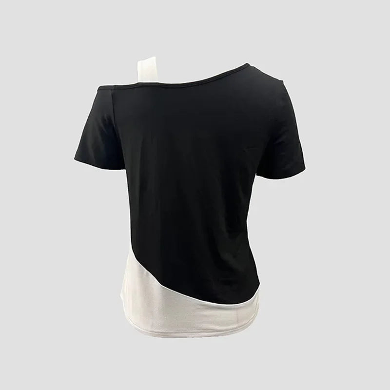 Chic Color Blocking Short Sleeved Women Solid Color Off Shoulder