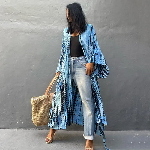 Long Kimono Swimsuit Cover up for Women Stylish Tie Dye Open Front