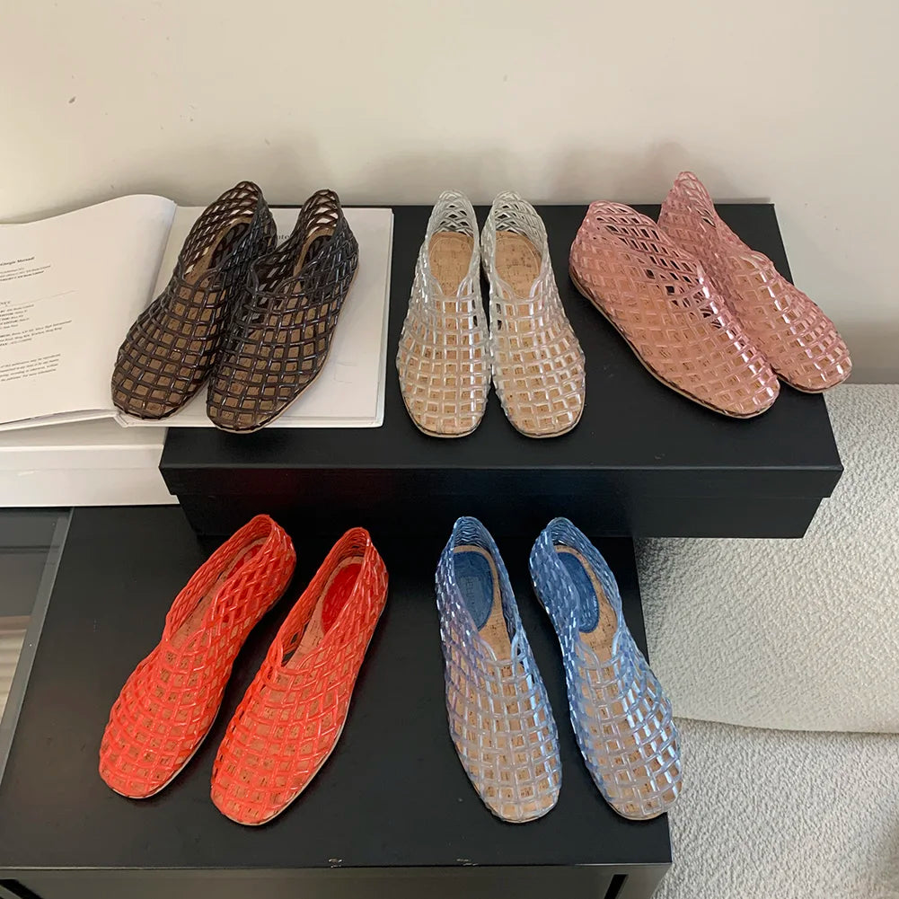 Women Jelly Flats Mesh Ballet Flats Square Toe Hollow Out Ballet Flats