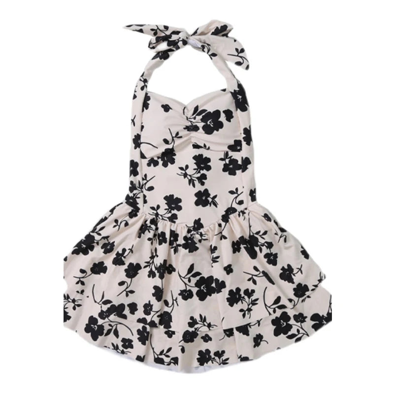 Women Sexy Halter Bandage Floral Print Double Layer Ruffle Mini Skirt