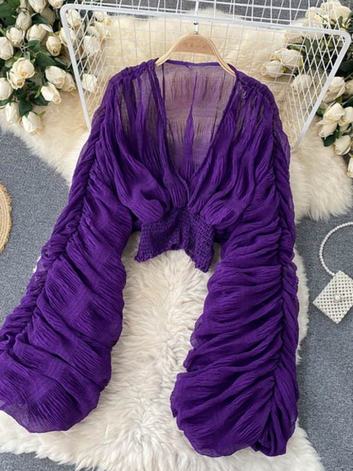 Summer Sexy Draped Chiffon Blouse For Women Elegant V-neck Puff Long