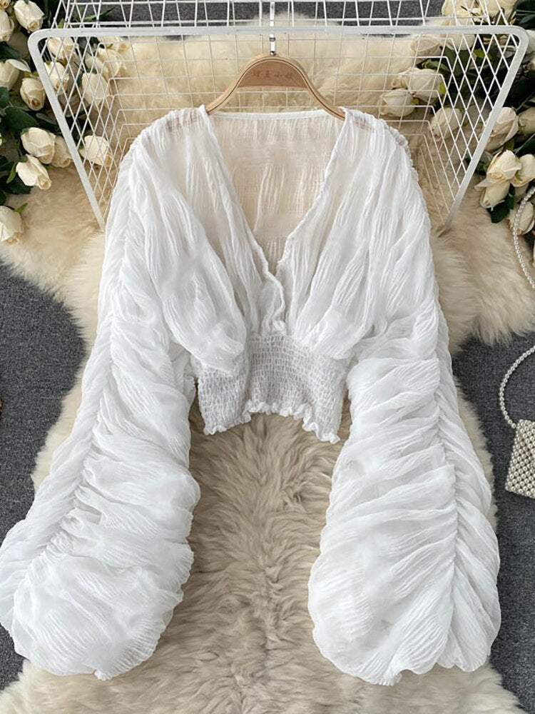 Summer Sexy Draped Chiffon Blouse For Women Elegant V-neck Puff Long