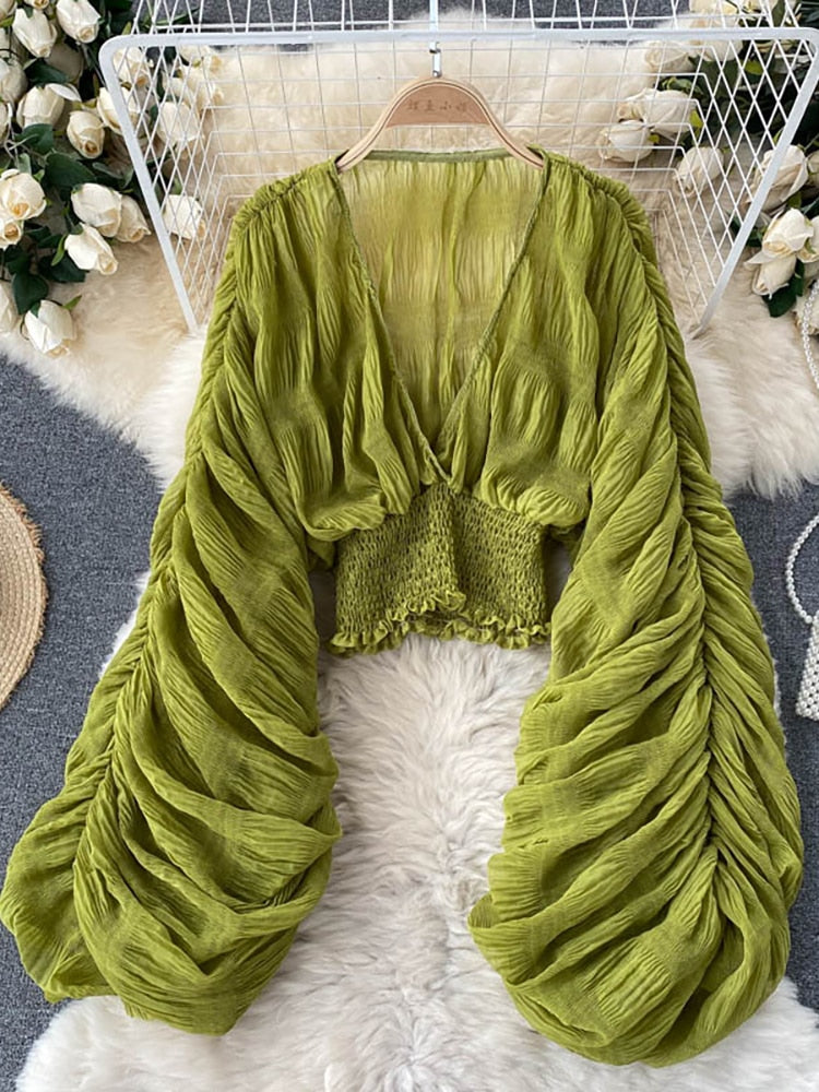 Summer Sexy Draped Chiffon Blouse For Women Elegant V-neck Puff Long