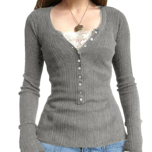 Vintage Lace Patchwork Cute Cotton Tshirts Women Fashion Button Slim