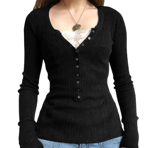 Vintage Lace Patchwork Cute Cotton Tshirts Women Fashion Button Slim