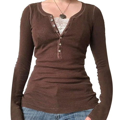 Vintage Lace Patchwork Cute Cotton Tshirts Women Fashion Button Slim