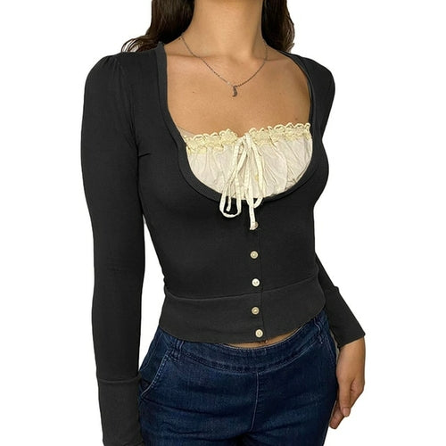 Vintage Lace Patchwork Cute Cotton Tshirts Women Fashion Button Slim